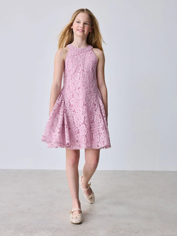 Baker by Ted Baker Dusky Pink Lace Halter Drop Waist Dress