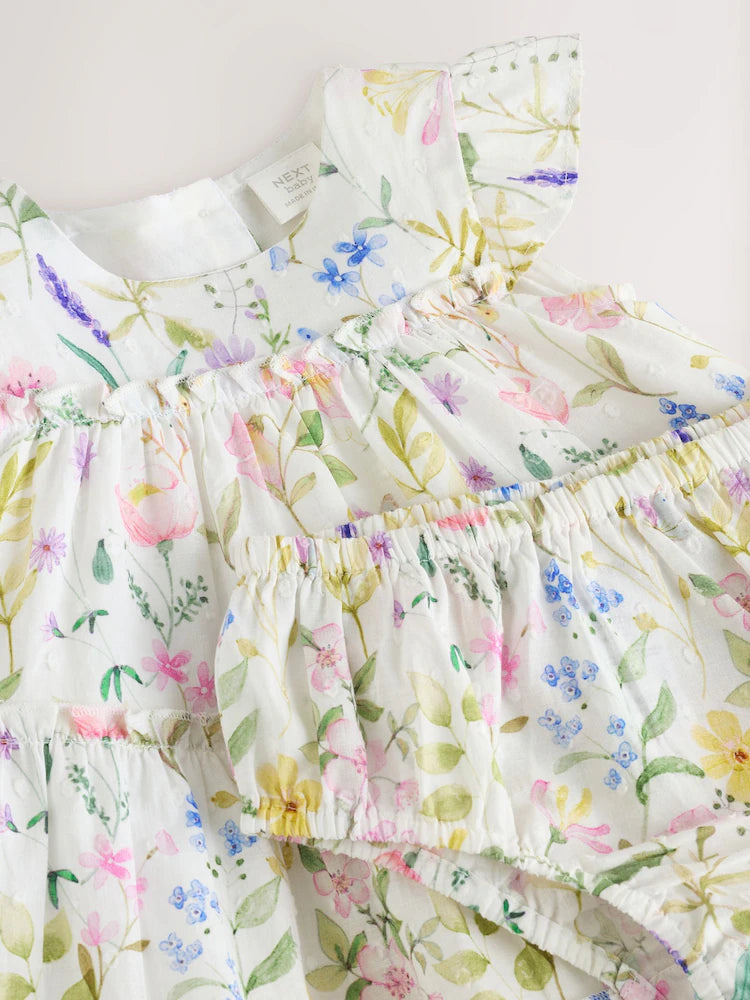 White Floral Baby Tiered Woven Dress and Knickers Set 2 Piece (0mths-2yrs)