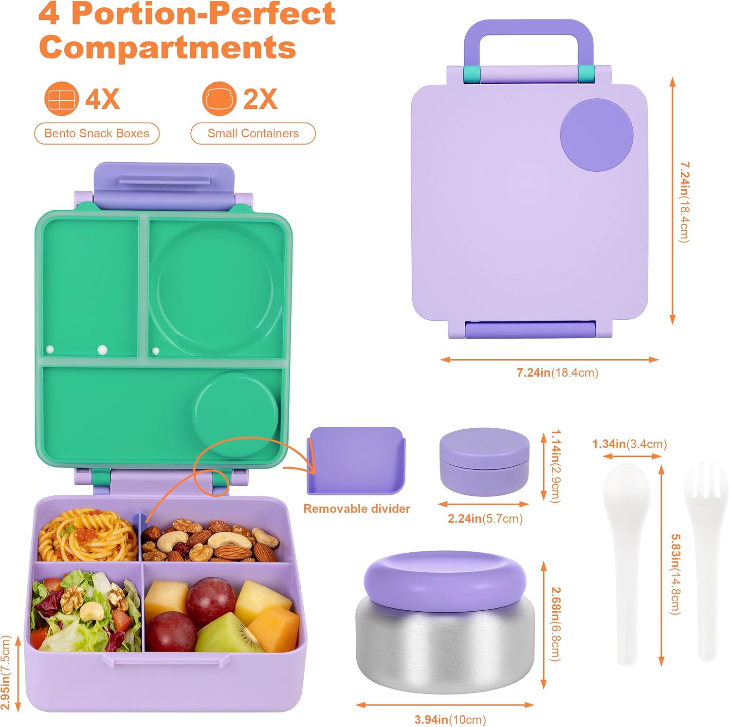 Bento Lunch Box Set for Kids & Adults, Leakproof 4-Compartment Container with Insulated Stainless Steel Food Jar, Utensils, BPA-Free, Microwave & Dishwasher Safe for School Work Travel (Purple)