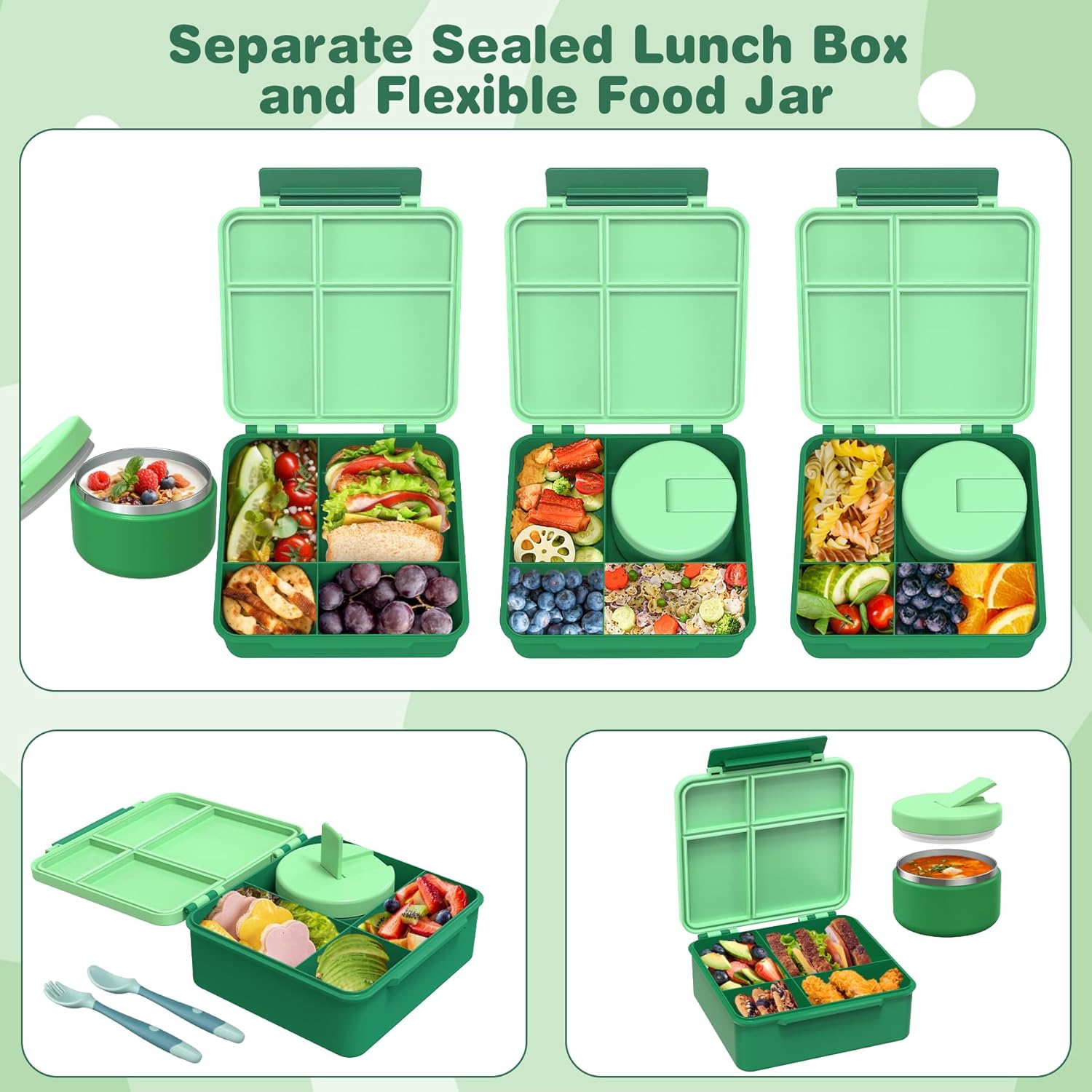 Bento Lunch Box with 8oz Soup Thermo, Kids Leakproof Lunch Food Containers with 4 Compartment, Kids Thermo Insulated Hot Food Jar for School, Trvael（Blue
