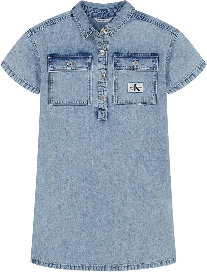 Calvin Klein Girls' Short Sleeve Lightweight Chambray Denim Shirt Dress