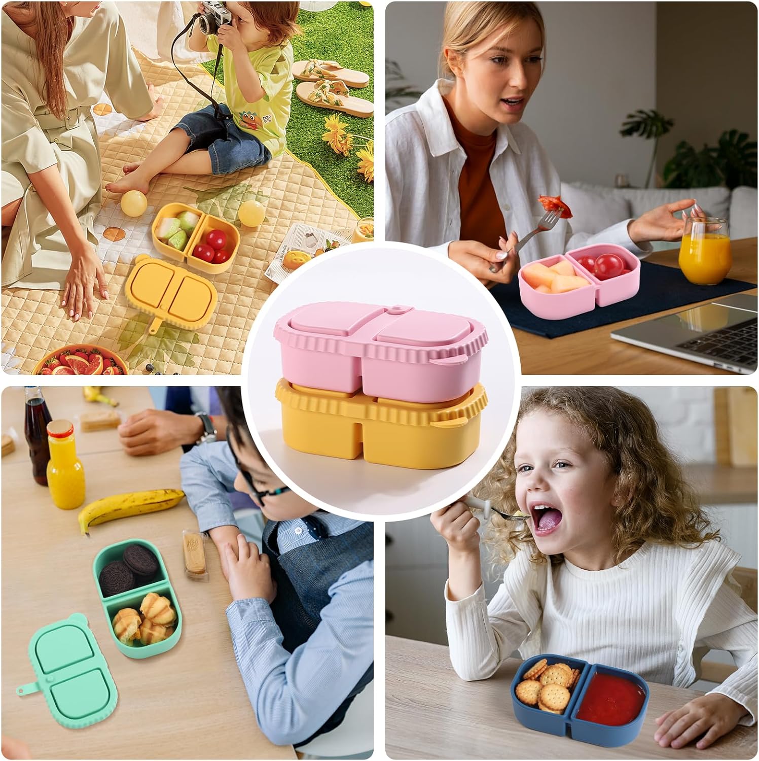 2 Pack Reusable Double Compartment Silicone Snack Boxes with Lids, Fruit and Salad Dressing Sauce Seasoning Container(Blue Green)