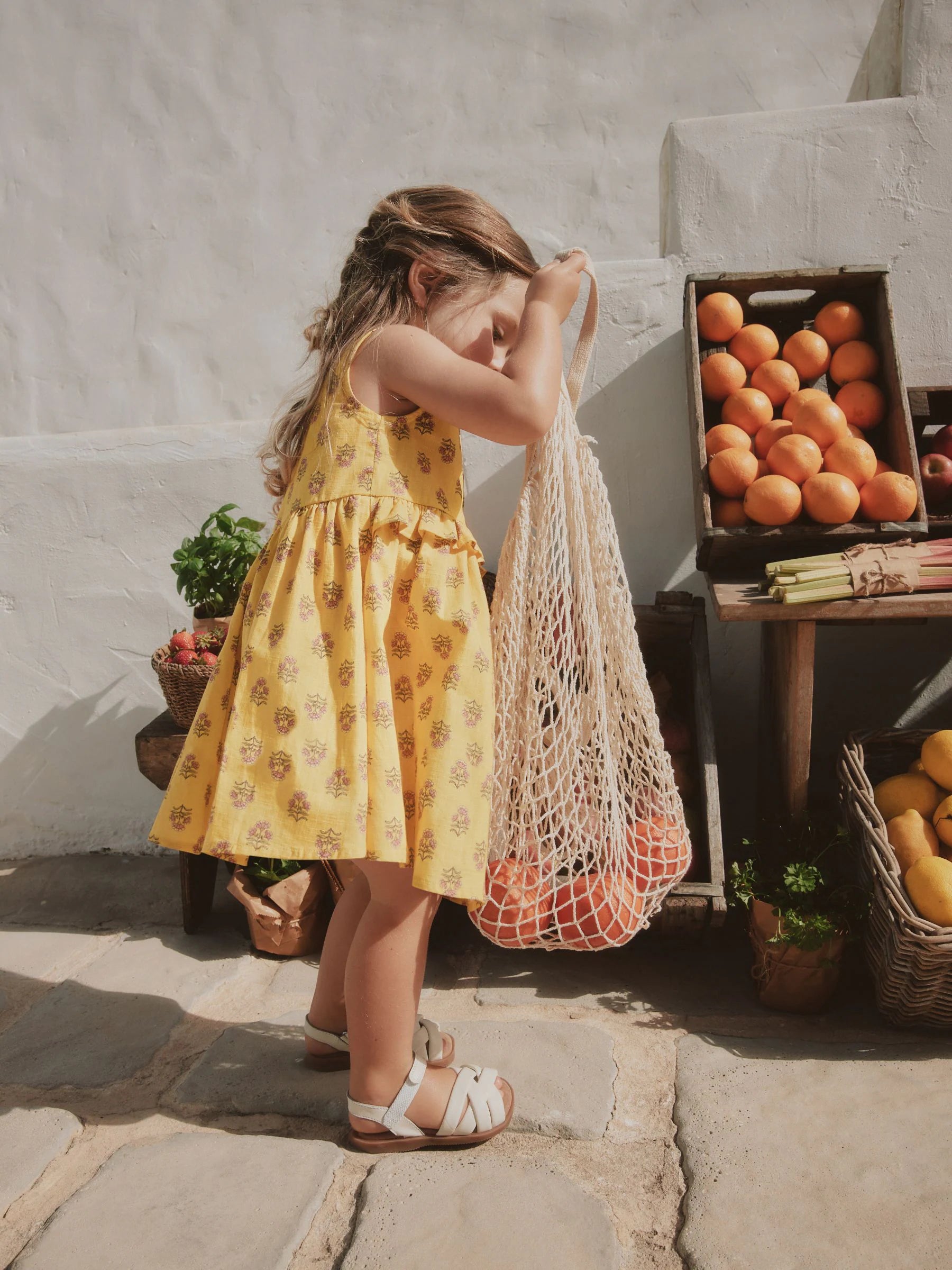 Yellow Woodblock Sleeveless Peplum Dress (3mths-8yrs)