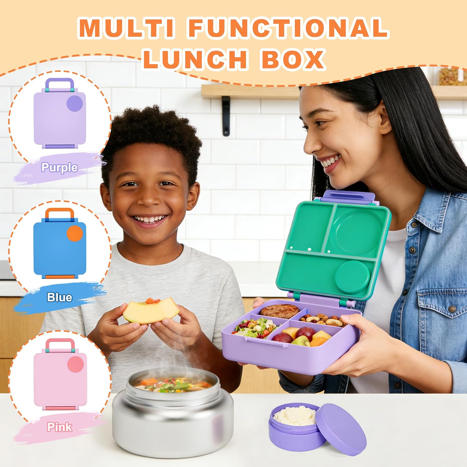 Bento Lunch Box Set for Kids & Adults, Leakproof 4-Compartment Container with Insulated Stainless Steel Food Jar, Utensils, BPA-Free, Microwave & Dishwasher Safe for School Work Travel（Pink）