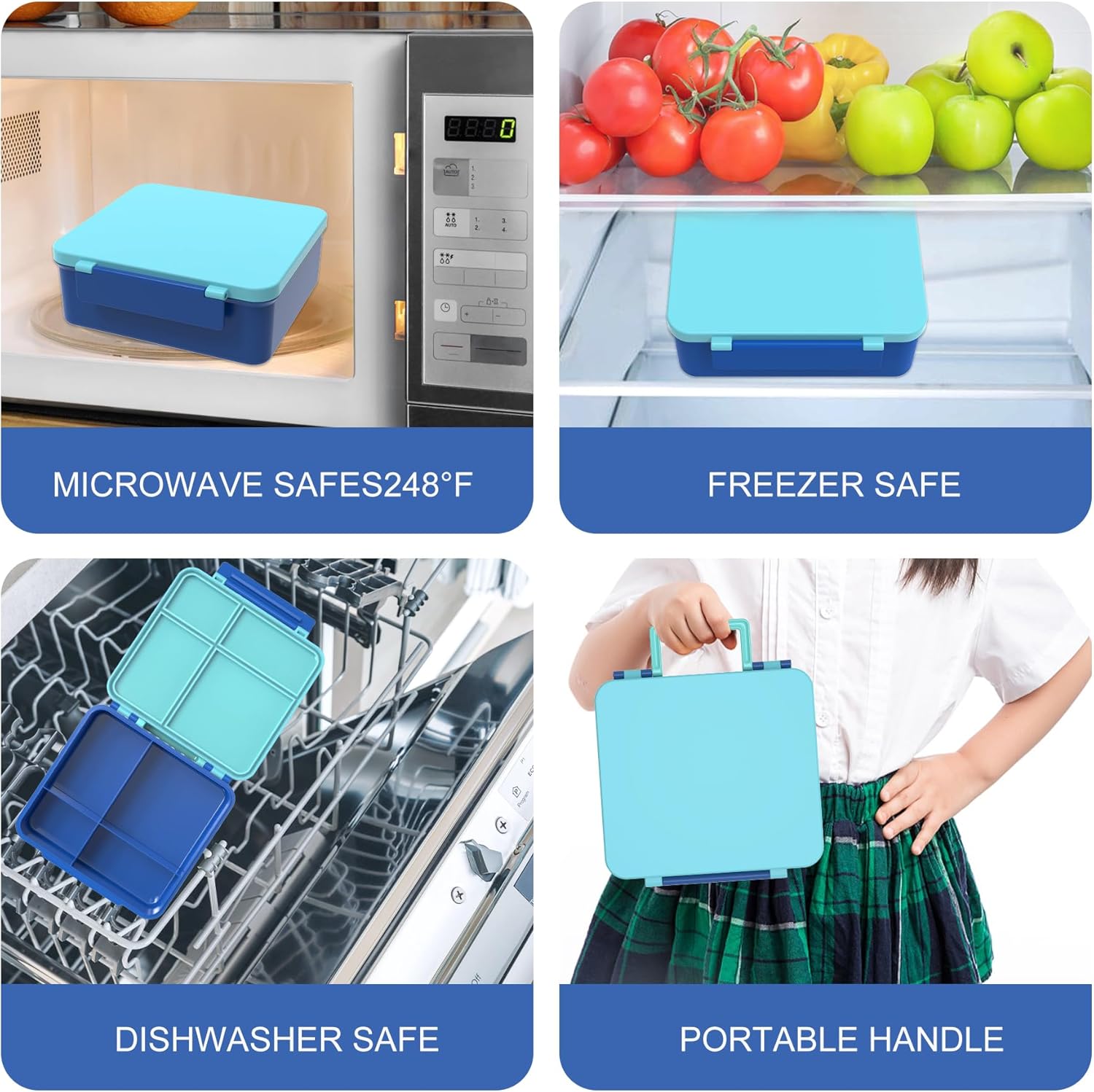 Bento Lunch Box Set for Kids & Adults, Leakproof 4-Compartment Container with Insulated Stainless Steel Food Jar, Utensils, BPA-Free, Microwave & Dishwasher Safe for School Work Travel (Blue)