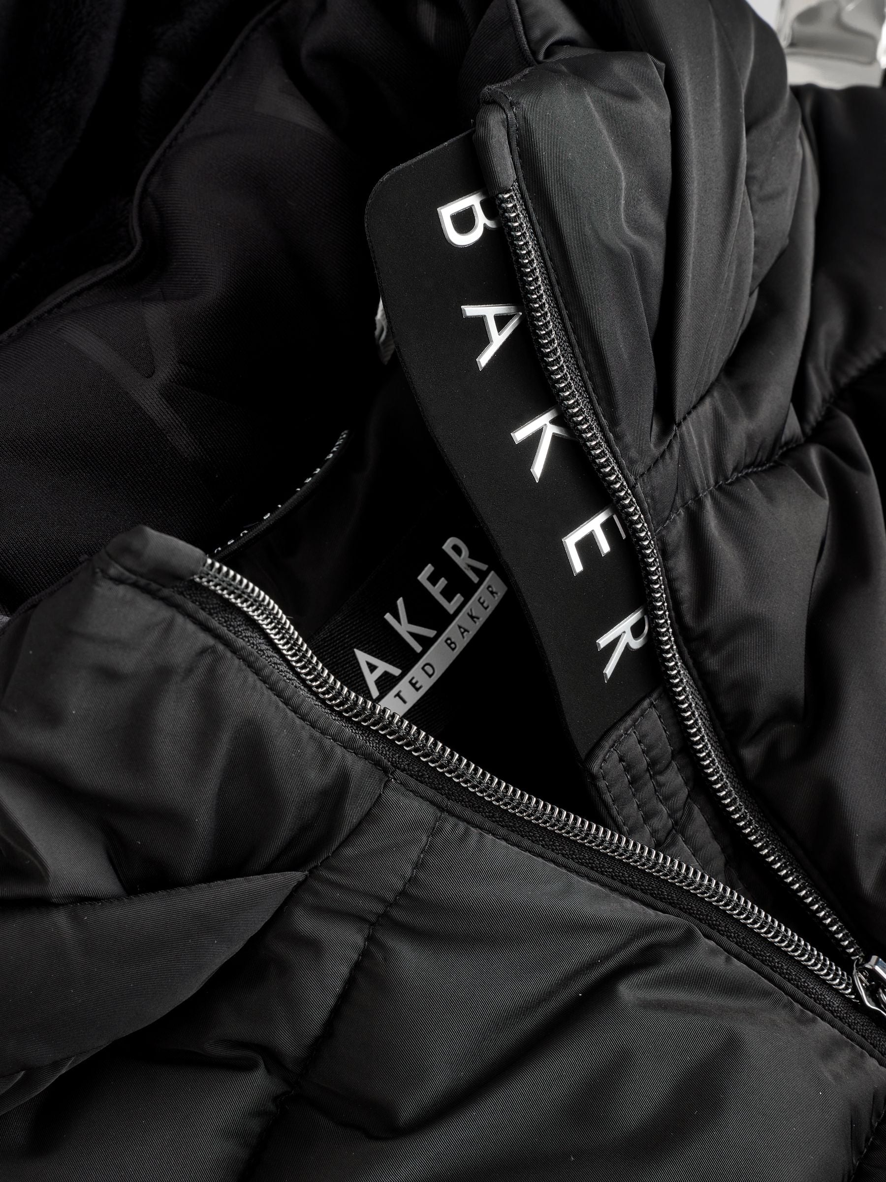 Baker by Ted Baker Shower Resistant Panel Belted Black Padded Coat