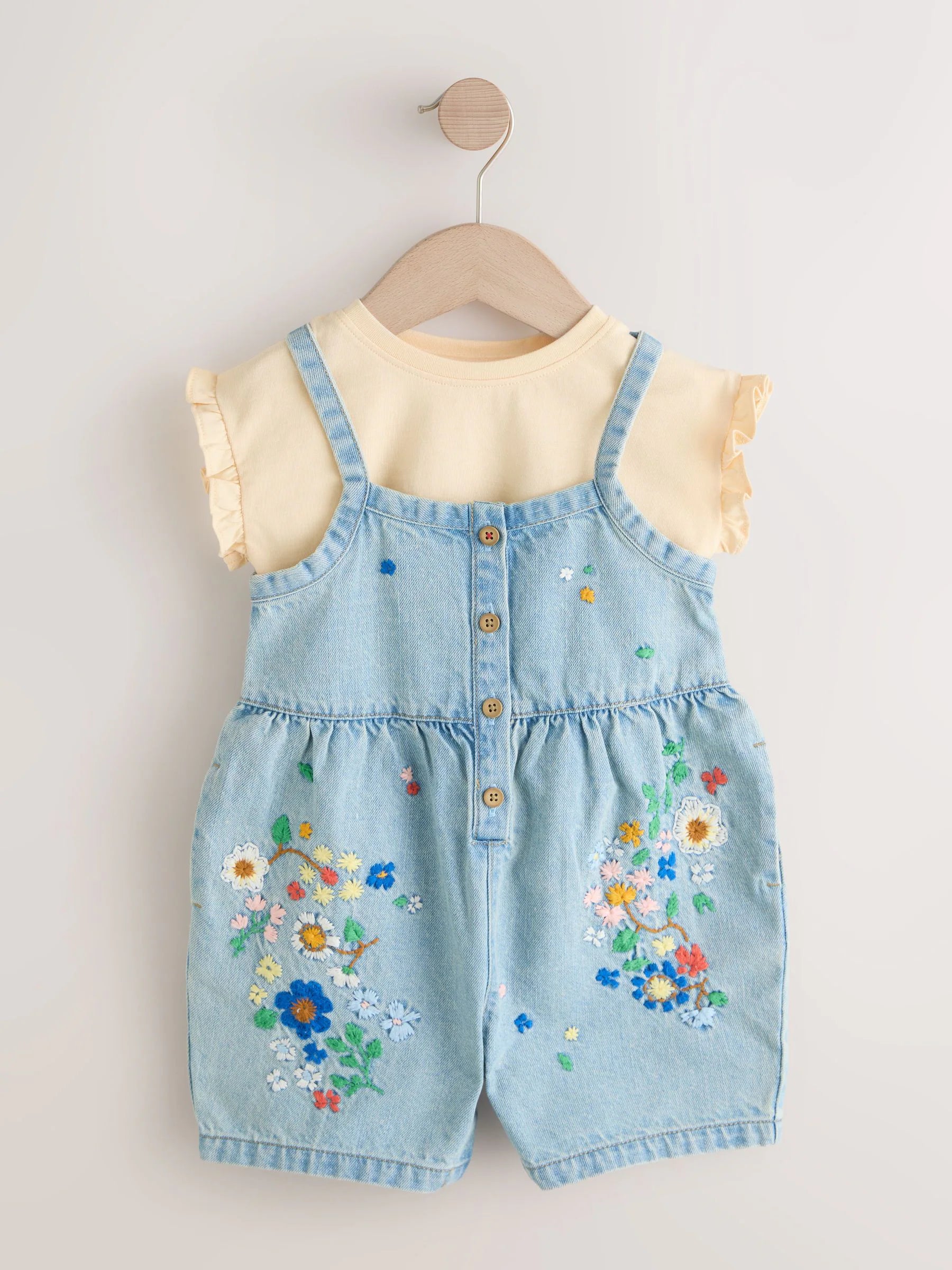 Mid Blue Floral Embroidered Denim Playsuit and T-Shirt (3mths-7yrs)