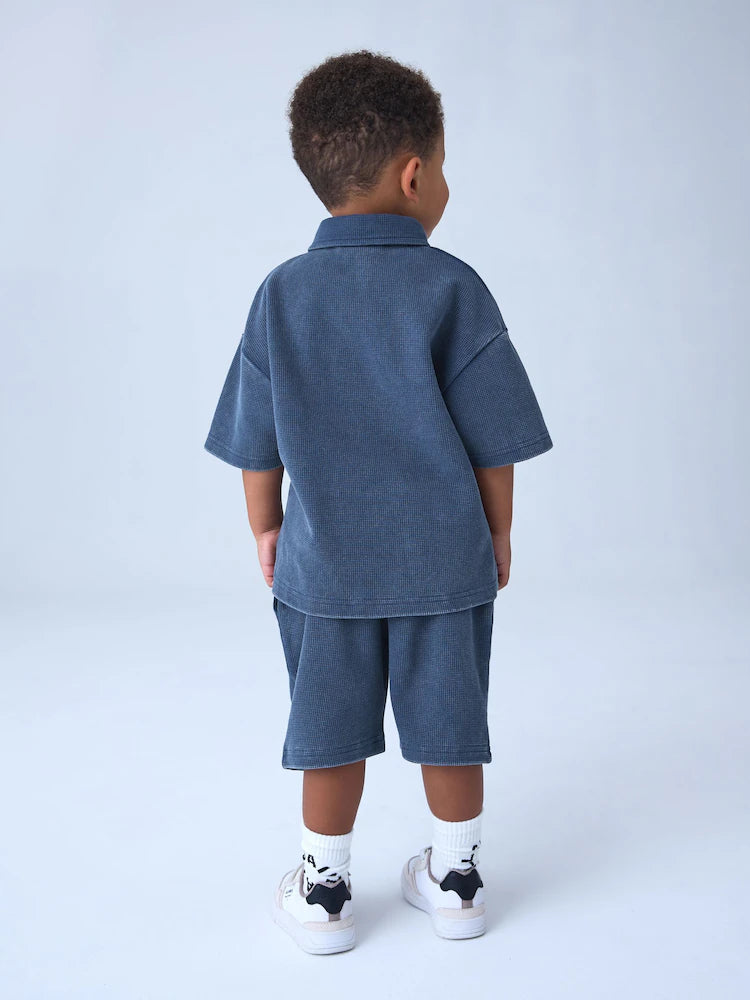 smALLSAINTS Blue Tierra Waffle Polo Shirt and Shorts Set