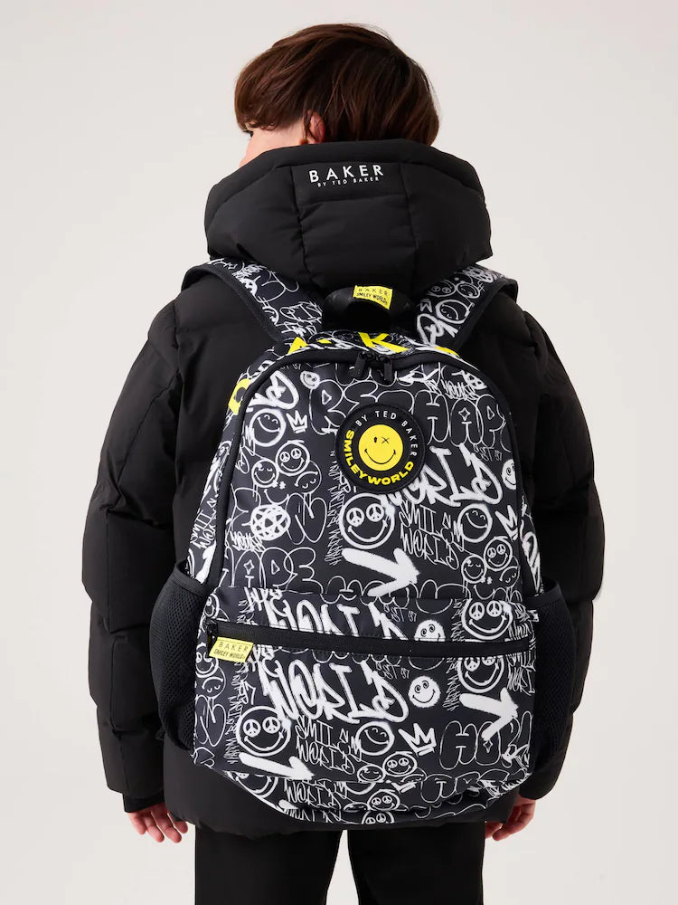 Baker by Ted Baker Black Back to School Childrens X Smiley World Graffiti Backpack