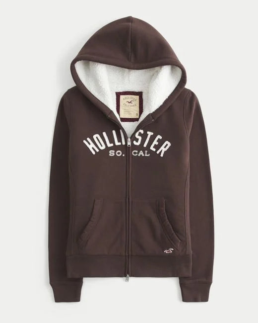 Hollister Brown Holiday Vault Release Sherpa-lined Zip-up Logo Graphic Hoodie