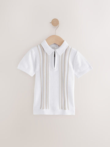 White Vertical Stripe 100% Cotton Knitted Zip Neck Polo Shirt (3mths-7yrs)