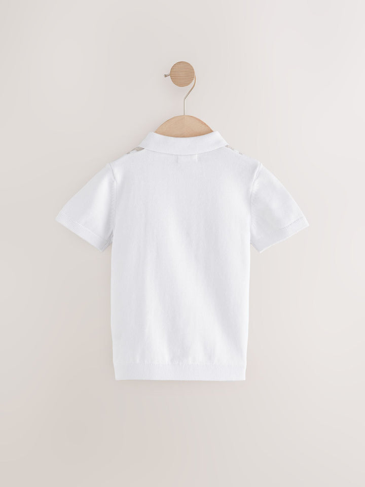 White Vertical Stripe 100% Cotton Knitted Zip Neck Polo Shirt (3mths-7yrs)