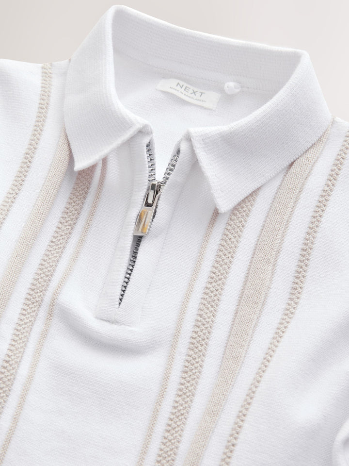 White Vertical Stripe 100% Cotton Knitted Zip Neck Polo Shirt (3mths-7yrs)