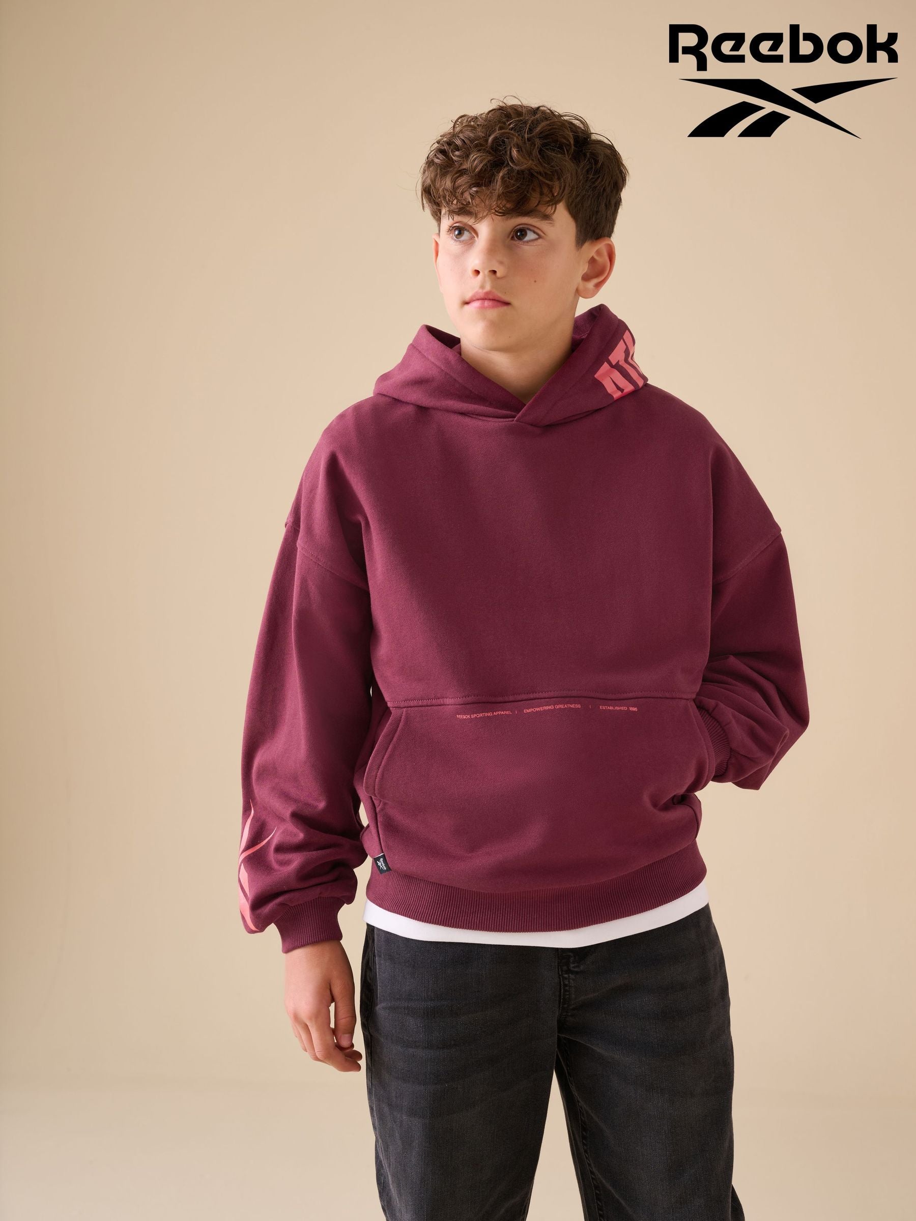 Reebok Overszied Burgundy Red Graphic Print Cotton Hoodie