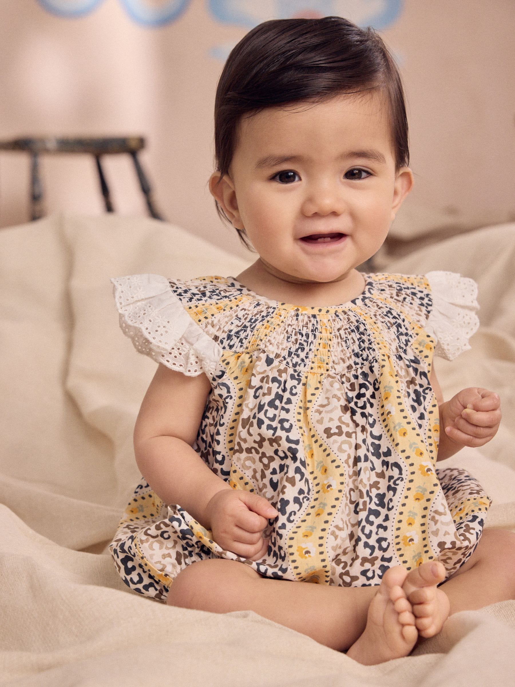 Brown Patterned Cath Kidston Cotton Printed Baby Broderie Romper