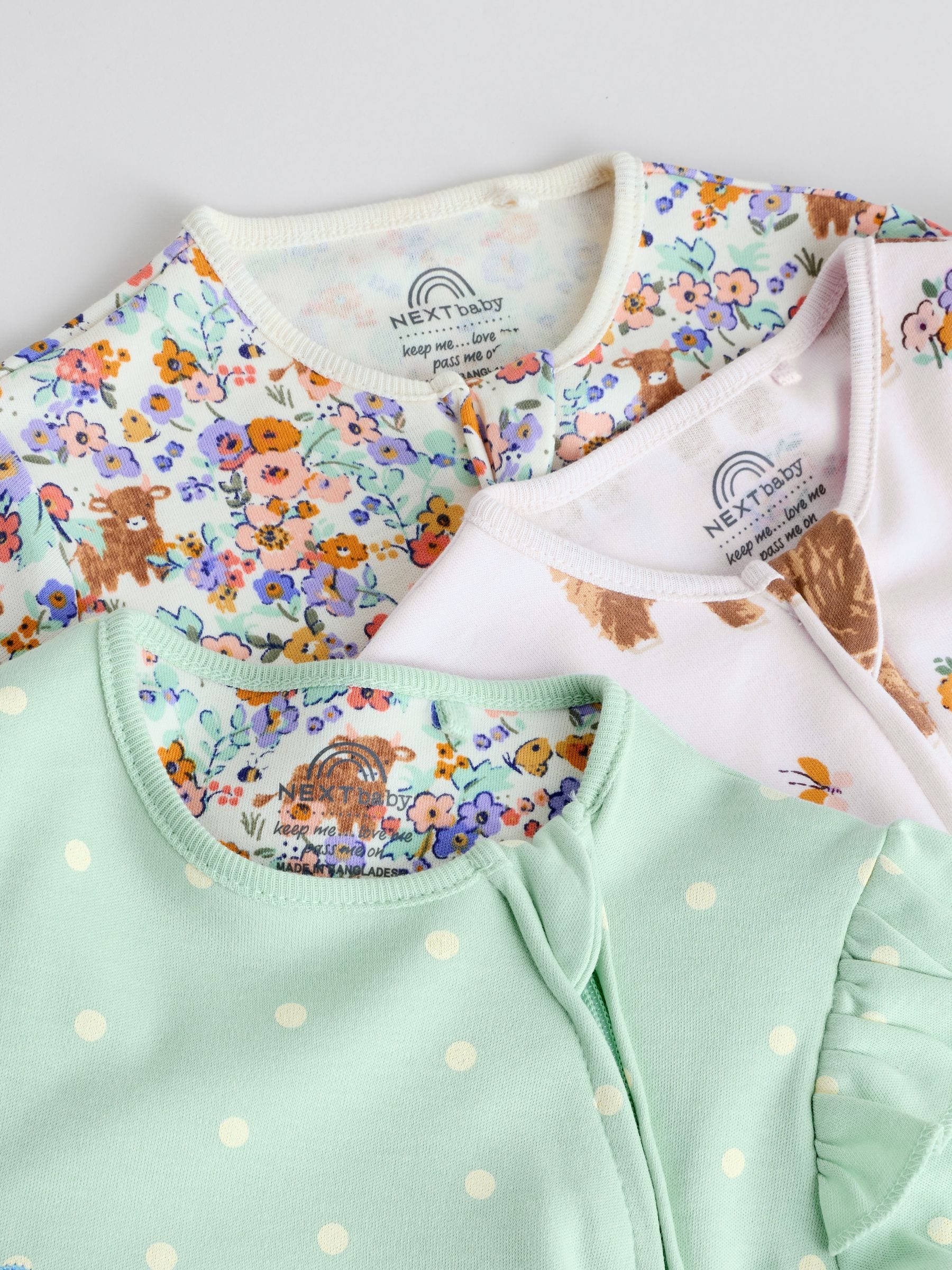 Sage Green Two Way Zip Sleepsuits 3 Pack (0mths-2yrs)