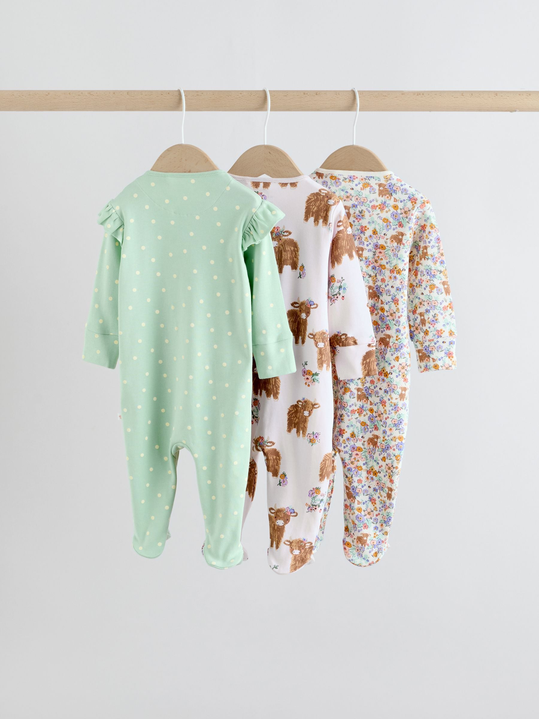 Sage Green Two Way Zip Sleepsuits 3 Pack (0mths-2yrs)