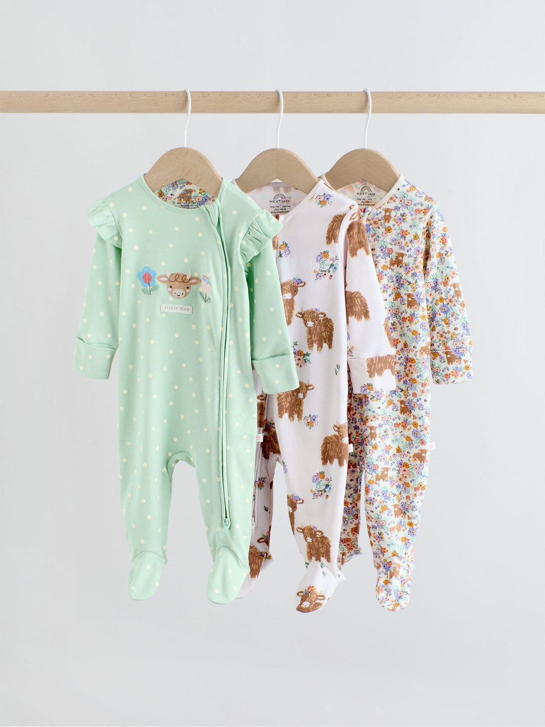 Sage Green Two Way Zip Sleepsuits 3 Pack (0mths-2yrs)