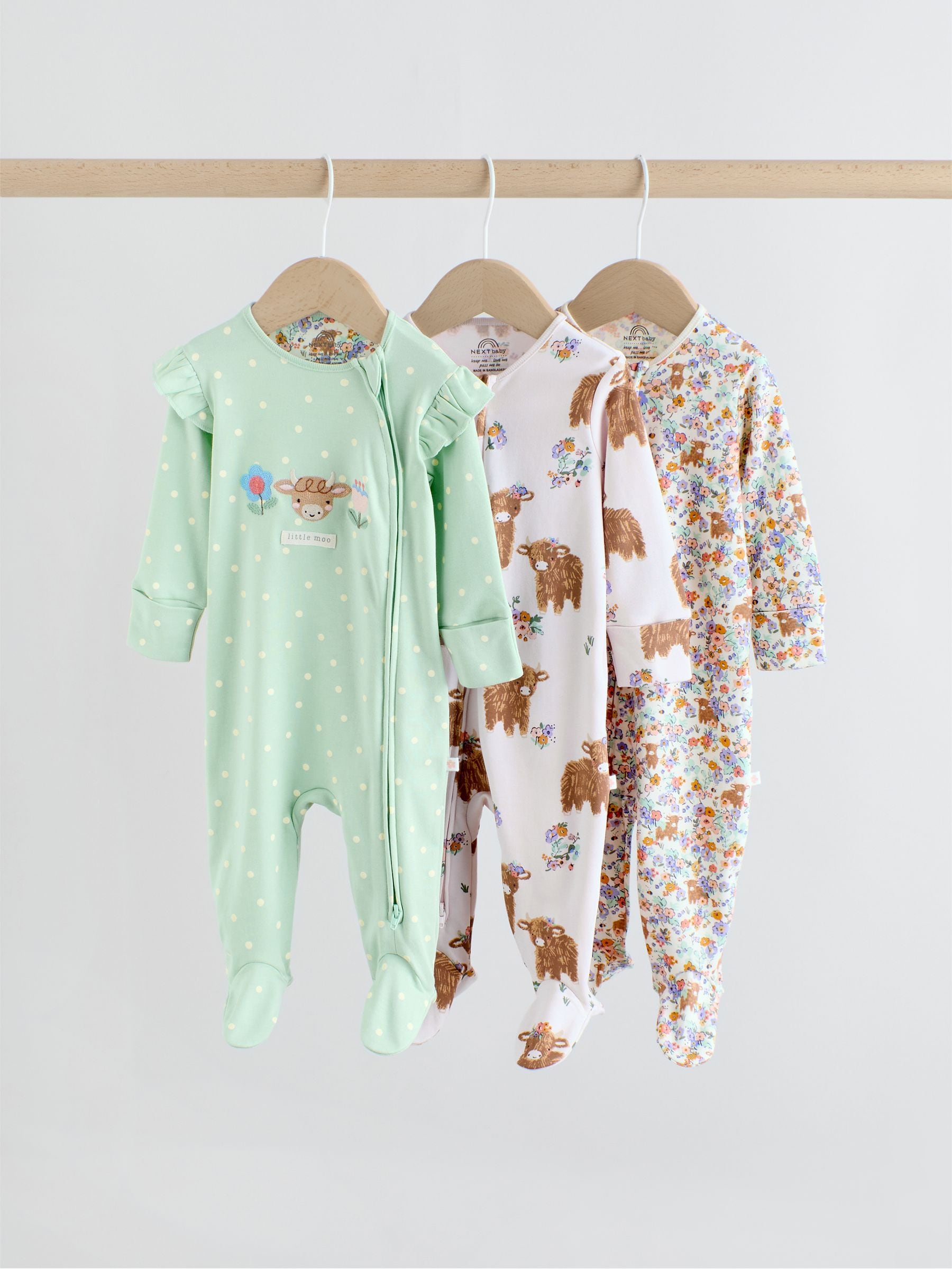 Sage Green Two Way Zip Sleepsuits 3 Pack (0mths-2yrs)