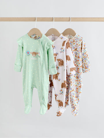 Sage Green Two Way Zip Sleepsuits 3 Pack (0mths-2yrs)