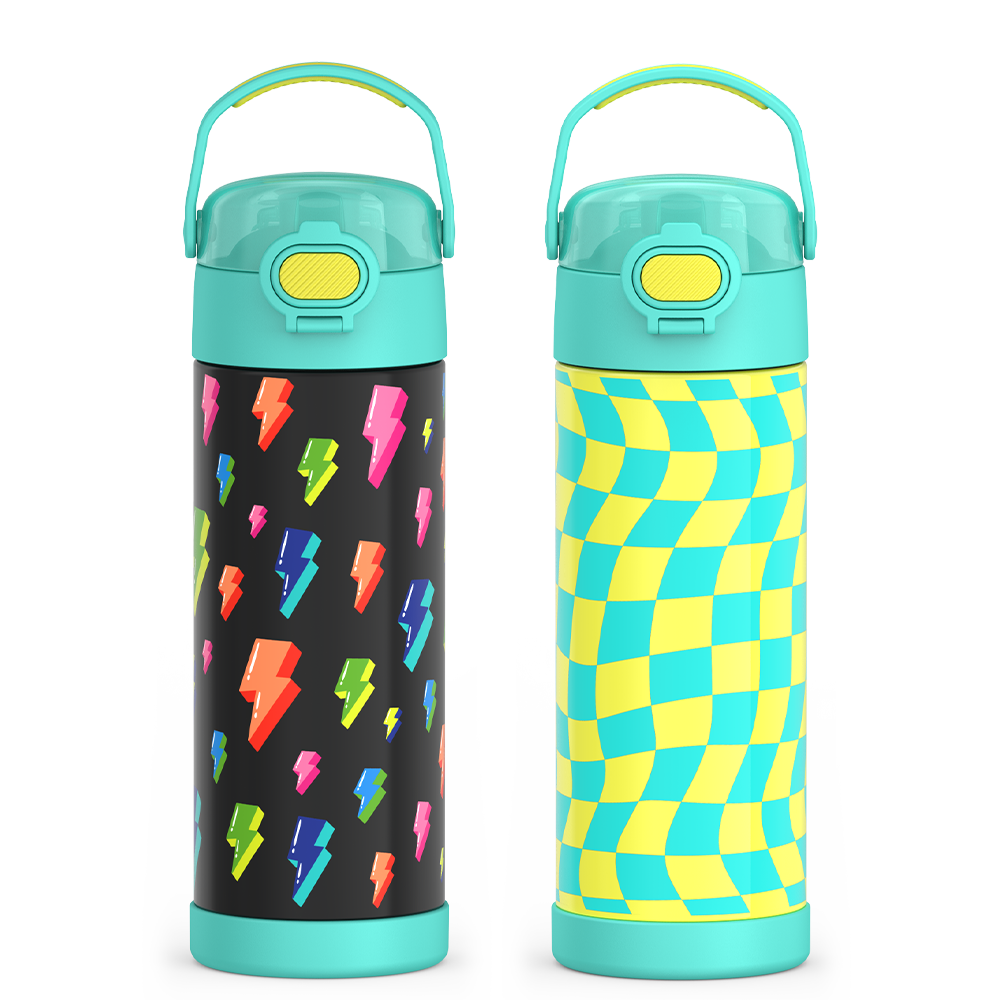 16oz FUNtainer¬Æ Water Bottles with Locking Lids Lightning Bolt & Wavy Checkers Teal Bundle