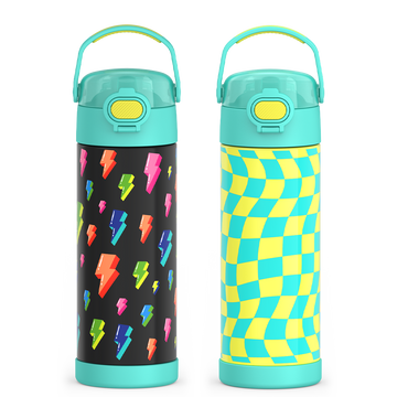 16oz FUNtainer¬Æ Water Bottles with Locking Lids Lightning Bolt & Wavy Checkers Teal Bundle