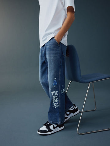 Varsity All-Over Print Mid Blue Denim Wide Fit Authentic Jeans (3-16yrs)