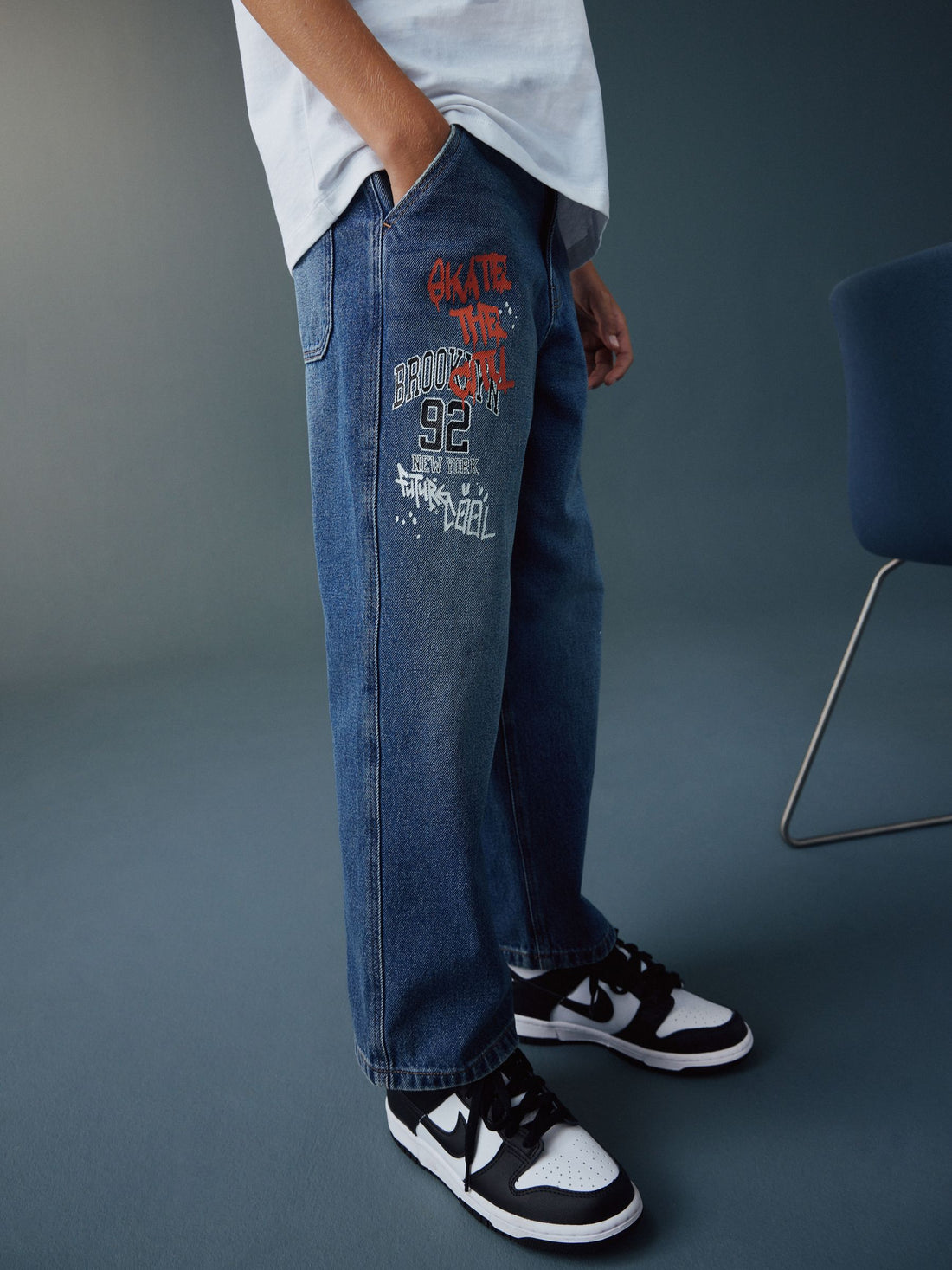 Varsity All-Over Print Mid Blue Denim Wide Fit Authentic Jeans (3-16yrs)