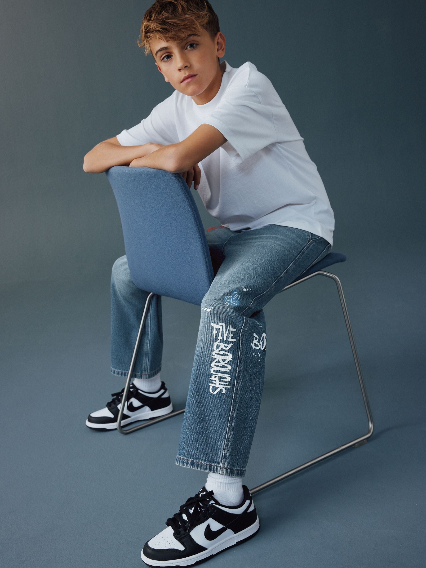 Varsity All-Over Print Mid Blue Denim Wide Fit Authentic Jeans (3-16yrs)