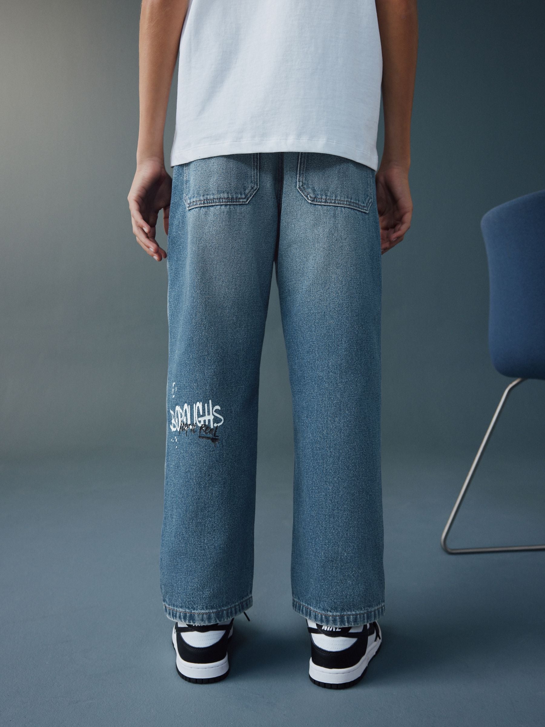 Varsity All-Over Print Mid Blue Denim Wide Fit Authentic Jeans (3-16yrs)