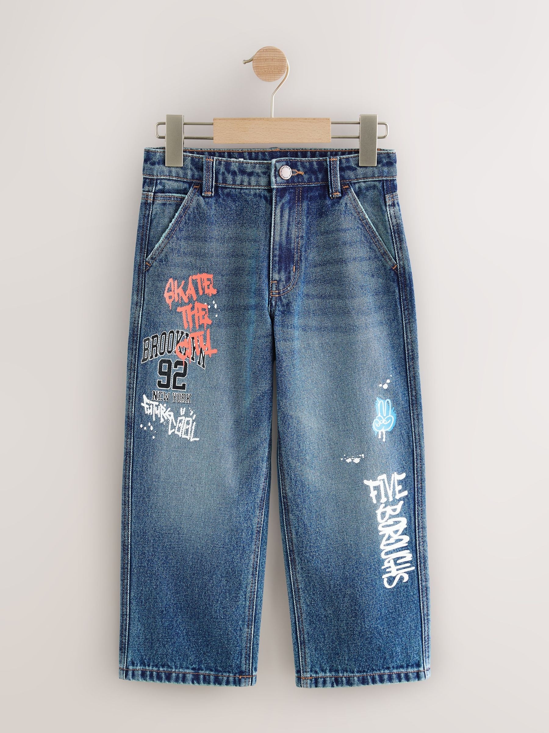 Varsity All-Over Print Mid Blue Denim Wide Fit Authentic Jeans (3-16yrs)