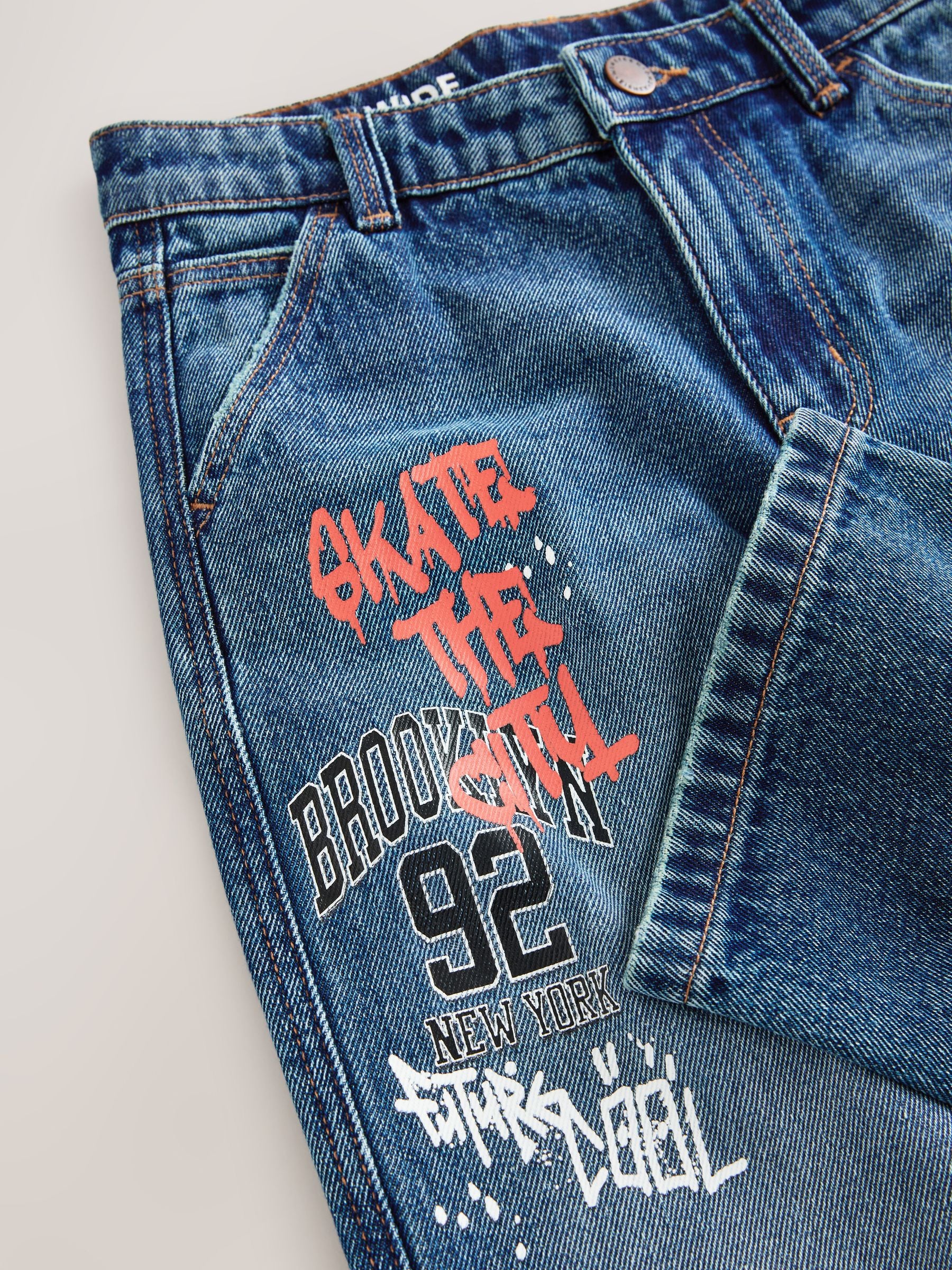 Varsity All-Over Print Mid Blue Denim Wide Fit Authentic Jeans (3-16yrs)