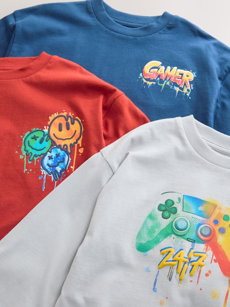 Navy/Grey/Red Gamer Relaxed Fit Graphic Print Short Sleeve T-Shirts 3 Pack (9-12 months)