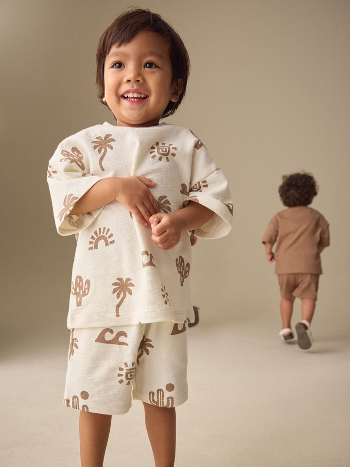 Neutral/Blue/White Cactus Short Sleeve T-Shirt and Shorts Set 3 Pack (3mths-7yrs)