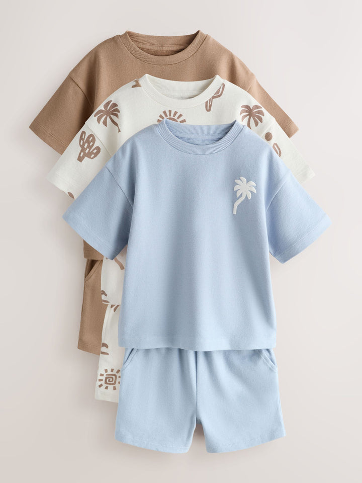 Neutral/Blue/White Cactus Short Sleeve T-Shirt and Shorts Set 3 Pack (3mths-7yrs)