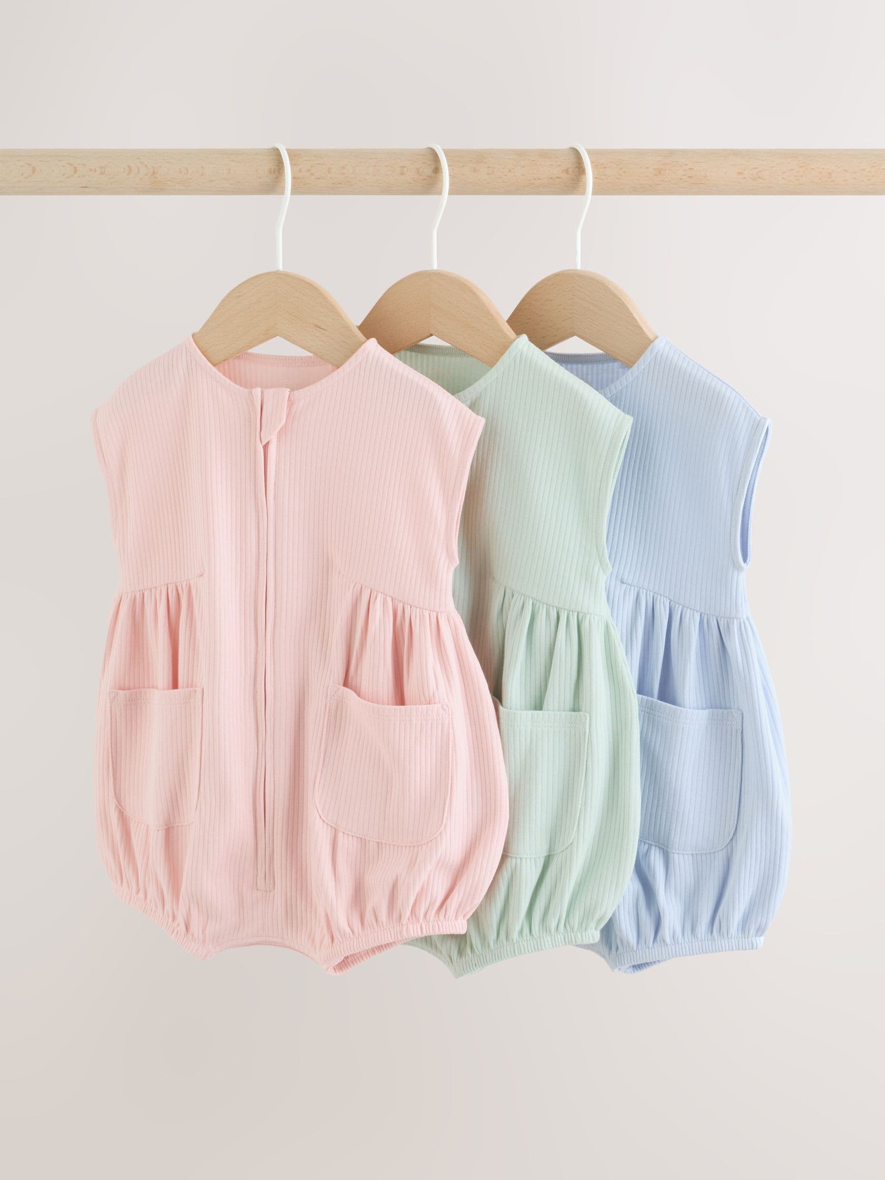 Pastel Colour Zip Through Baby Rompers 3 Pack
