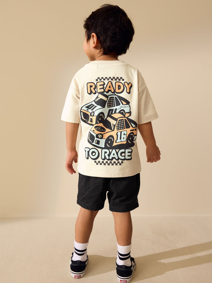 Cream Race Car Short Sleeve Back Print T-Shirt (3mths-7yrs)