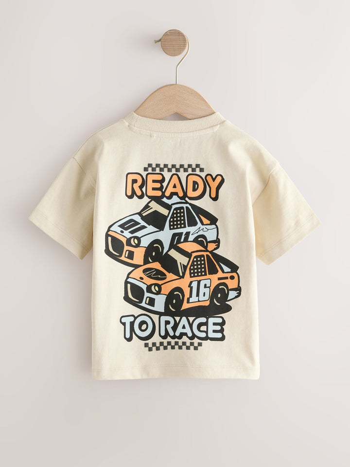 Cream Race Car Short Sleeve Back Print T-Shirt (3mths-7yrs)