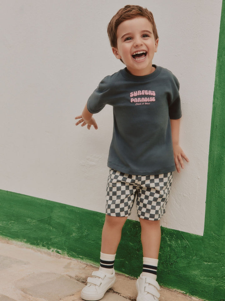 Charcoal Grey Surfers Paradise Short Sleeve Back Print T-Shirt and Shorts Set (3mths-7yrs)