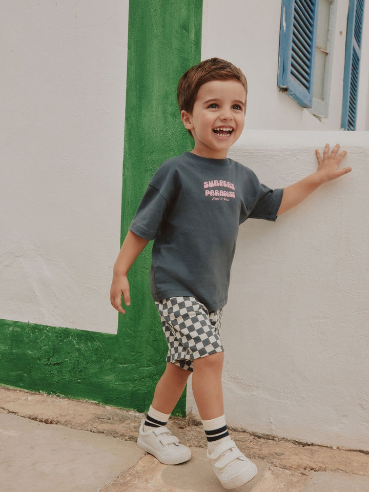 Charcoal Grey Surfers Paradise Short Sleeve Back Print T-Shirt and Shorts Set (3mths-7yrs)