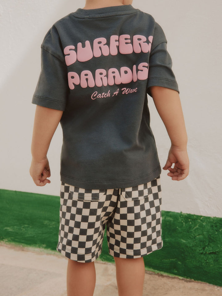 Charcoal Grey Surfers Paradise Short Sleeve Back Print T-Shirt and Shorts Set (3mths-7yrs)