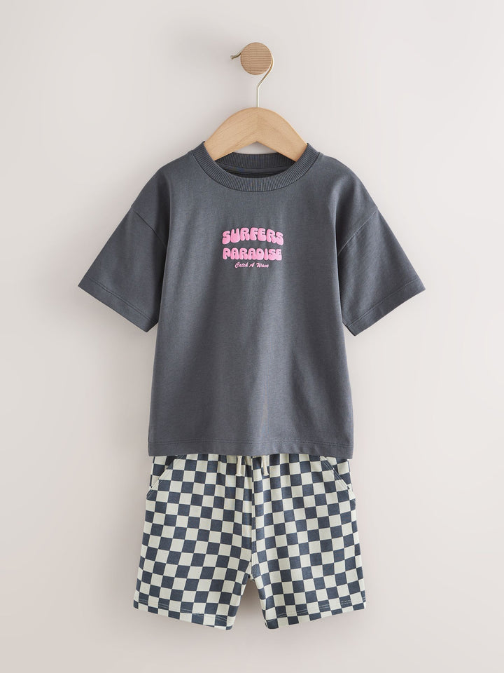 Charcoal Grey Surfers Paradise Short Sleeve Back Print T-Shirt and Shorts Set (3mths-7yrs)