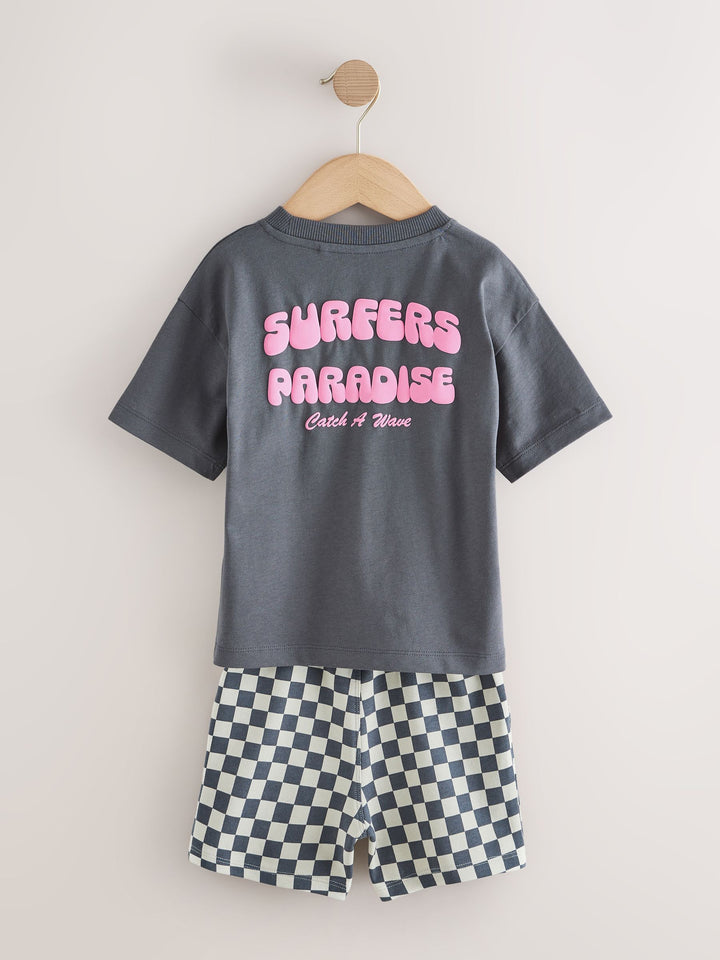Charcoal Grey Surfers Paradise Short Sleeve Back Print T-Shirt and Shorts Set (3mths-7yrs)