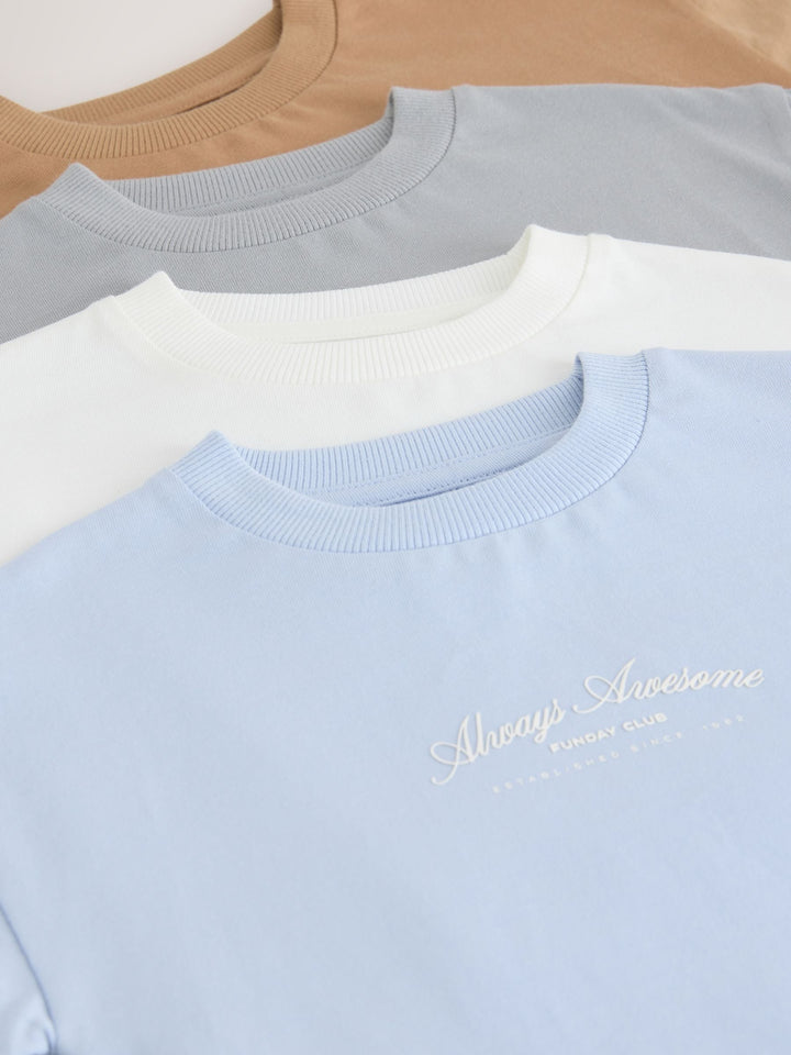 Grey/Brown/Blue/White Slogan Short Sleeve Graphic T-Shirts 4 Pack (3mths-7yrs)