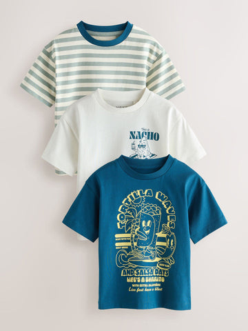 Blue Food Stripe Short Sleeve Graphic T-Shirts 3 Pack (3mths-7yrs)
