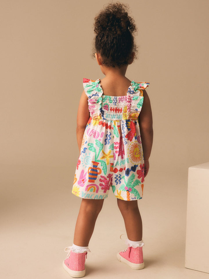 Multi Summer Palm Print Frill Sleeve Playsuit (3mths-7yrs)