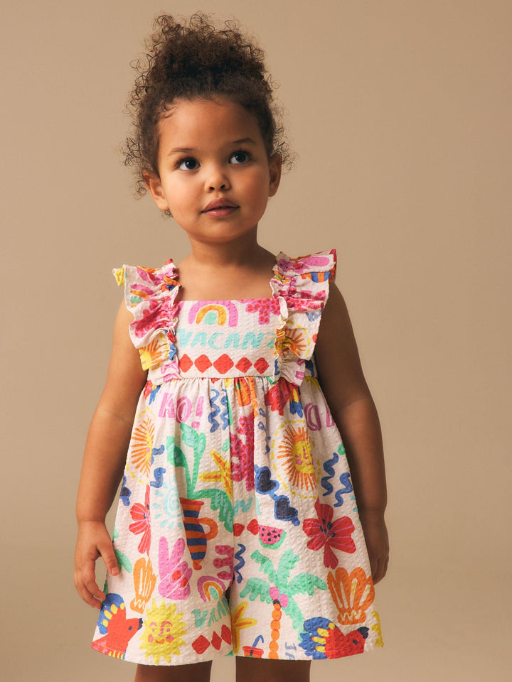 Multi Summer Palm Print Frill Sleeve Playsuit (3mths-7yrs)