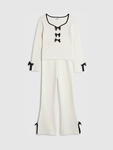 River Island Cream Long Sleeve Bow Top & Joggers Set