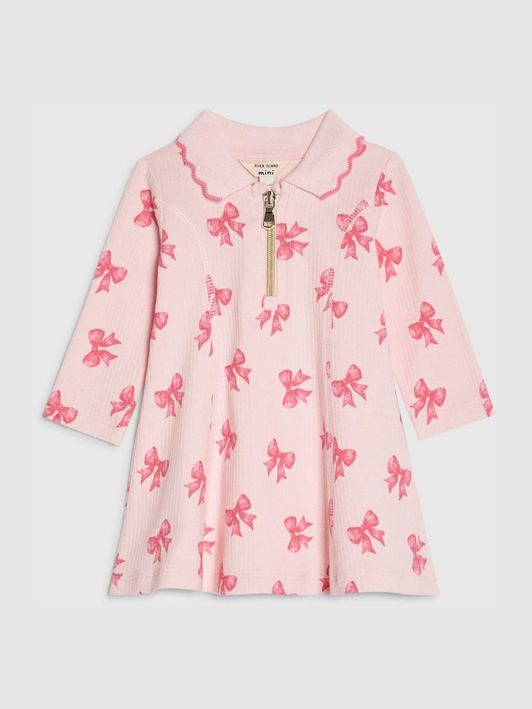 River Island Pink Long Sleeve Bow Collar Rib Dress