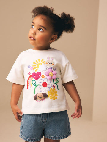 Ecru White Padded Bunny Short Sleeve T-Shirt (3mths-7yrs)
